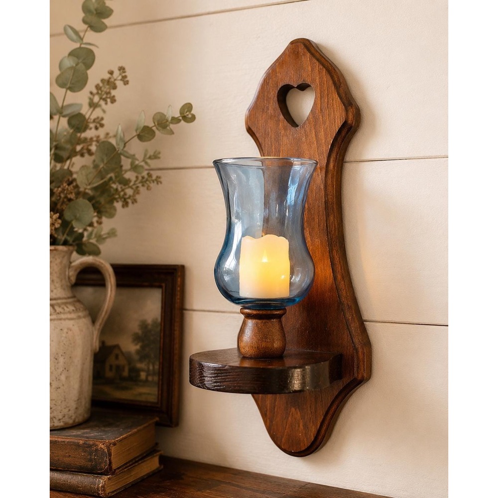 Vtg Wooden heart Wall Sconce Blue Glass Hurricane Shade Farmhouse Candle Holder